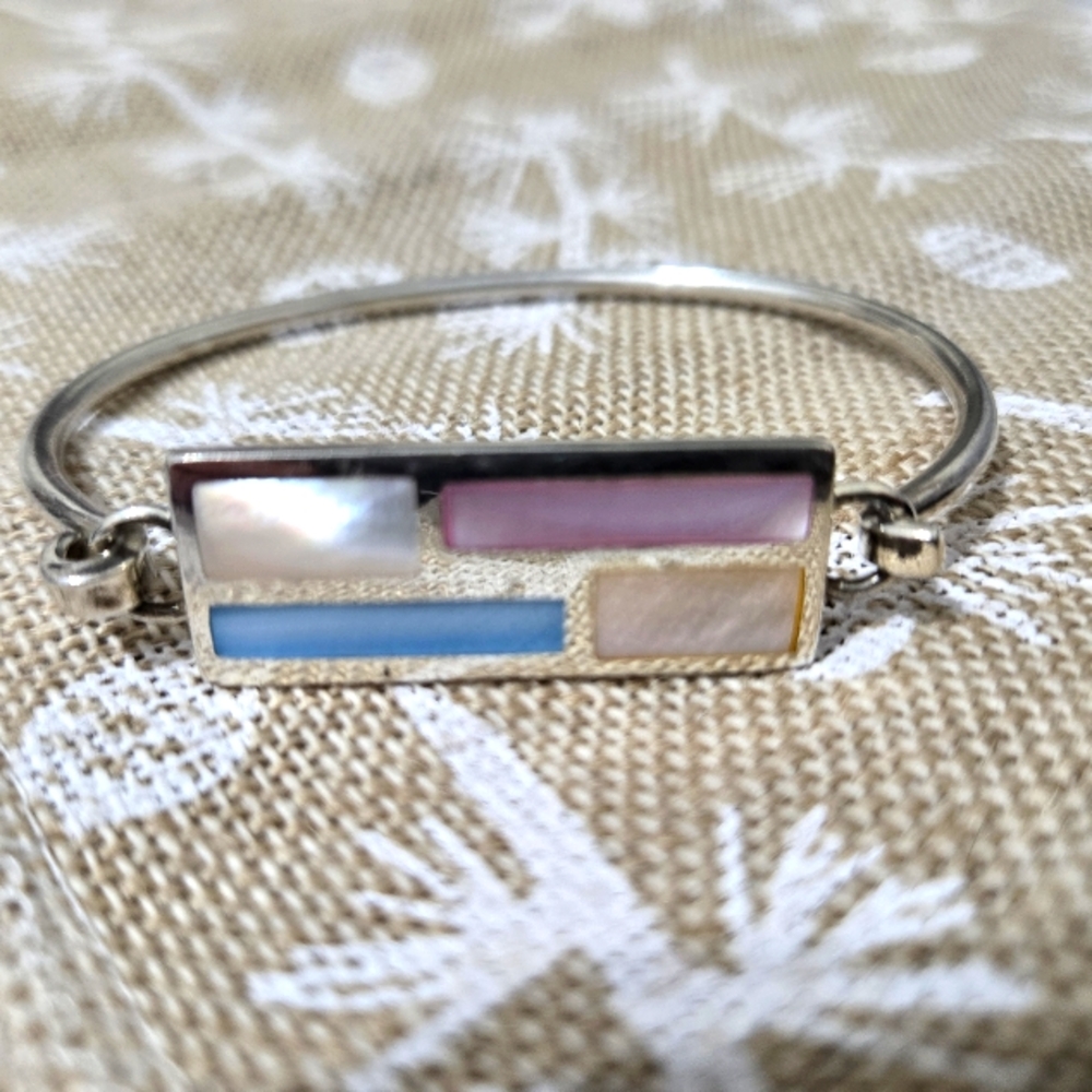 Vintage 925 Sterling Silver Multi-Colored Bangle Bracelet Boho Artisan Style